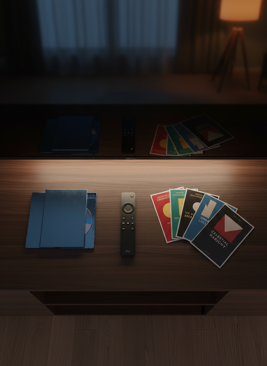 An elegant flat lay of a sleek black streaming remote, a glossy steel-blue Blu-ray case, and an artfully arranged fan of minimalist DVD covers featuring bold, abstract film poster designs. They rest on a dark walnut media console with a subtle satin finish, beside a modern 4K television turned off, its reflective screen catching soft ambient reflections. Cool, diffused evening light from an unseen window combines with the warm glow of a nearby floor lamp, creating balanced, cinematic contrast. Shot from a perfectly overhead, photographic realism perspective with crisp focus throughout, the composition feels clean, modern, and professional—ideal as a universal hero image for a film and TV debrief blog, conveying curated, thoughtful media analysis without visual clutter.