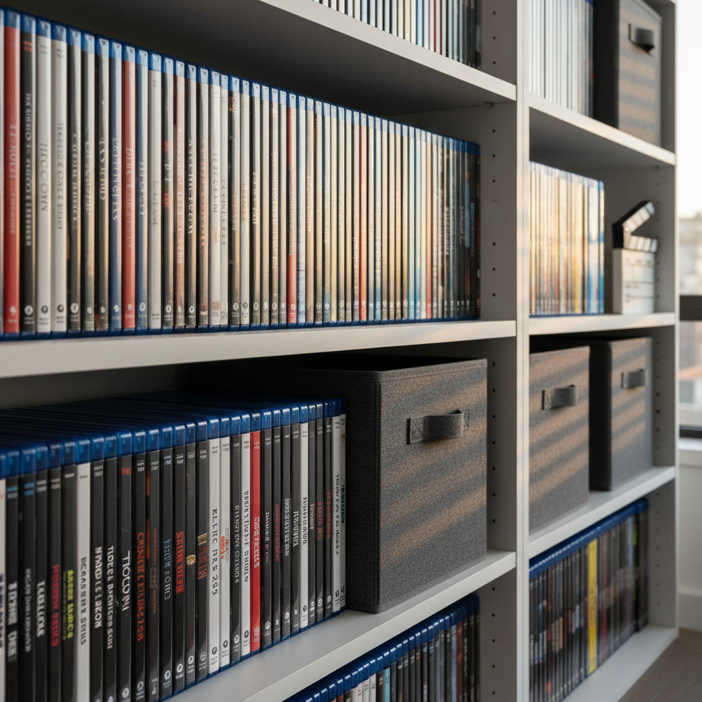 A meticulously organized home media shelf filled with neatly aligned film and TV box sets, each spine showcasing distinctive typography and color palettes, from muted prestige dramas to vibrant genre series. The shelving is matte white with a minimalist design, contrasted by a few charcoal-gray storage boxes and a small, geometric ceramic bookend shaped like a director’s clapperboard. Soft afternoon light washes in from the left, casting delicate horizontal shadows that emphasize the rows. Captured at eye level with a slight angle down the shelf, using shallow depth of field to keep the nearest titles tack-sharp while the rest blur into a tasteful bokeh. The mood is curated, professional, and quietly passionate, in clean photographic realism suited to a refined film media blog.